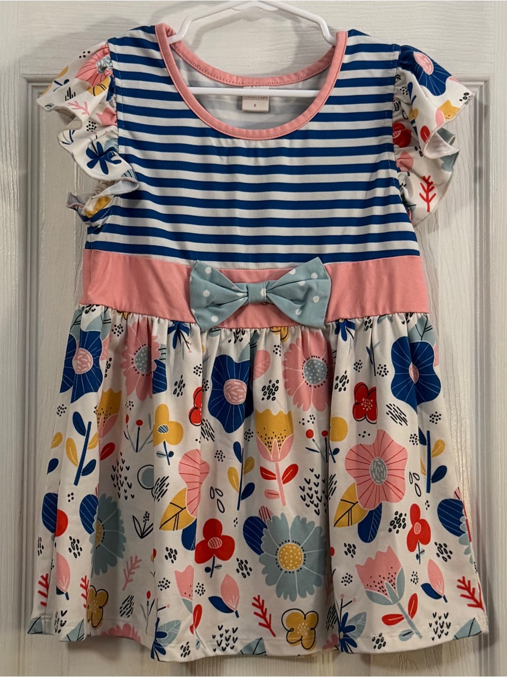 Penelope Plumm Girl Striped & Floral Casual Top with Pink Waistband and Bow